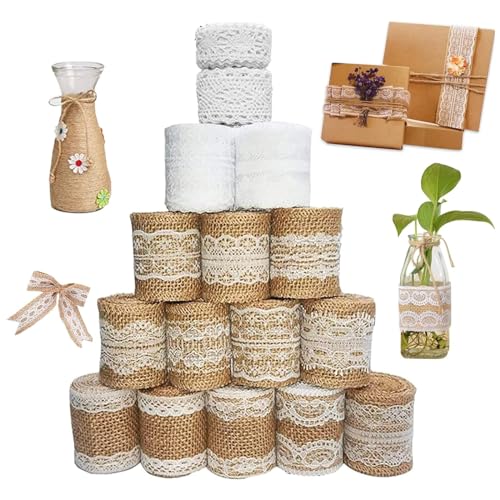 16 Roll Juteband, 12M Juteband mit Spitze+13M Spitzenband weiß Vintag, Spitzenband, Juteband Vintage Spitzenband, Natürliche Juteband, Spitze für Geschenkverpackung Tischdeko DIY Basteln Hochzeit von KOIROI