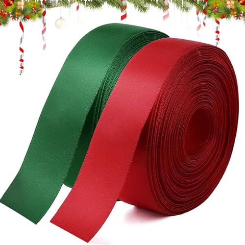 2 Rolle Weinachten Satinband, 25mm x 22m Weihnachten Band, Geschenkband Schleifenband Weihnachten Dekoband, Rot/Grün Geschenkband für Weihnachtsdeko Hochzeit Geburtstag Party von KOIROI