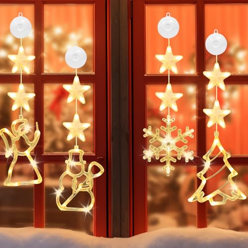 4er Set LED Weihnachtsbeleuchtung, LED Saugnapf Weihnachten Lichter, Weihnachtsbeleuchtung Fenster, Fensterbeleuchtung Weihnachten, Led Weihnachtsdeko Lichterkette für Weihnachten Deko, Balkon, Party von KOIROI