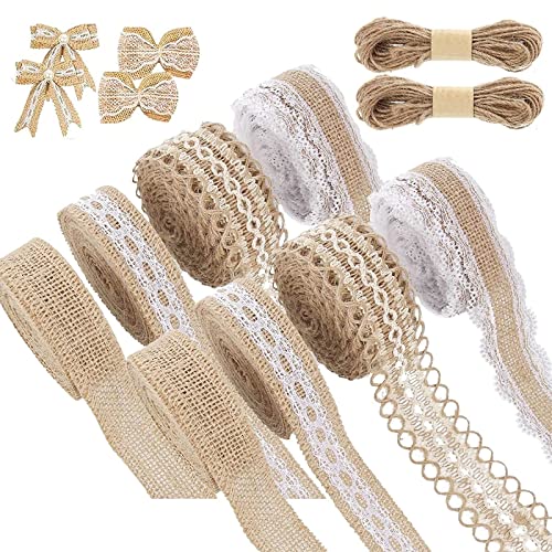 Juteband mit Spitze, 8 Roll Juteband, Spitzenband, Juteband Vintage Spitzenband, Natürliche Juteband mit 20m Schnur, Selbstklebende Spitze für Geschenkverpackung Tischdeko DIY Basteln Hochzeit Party von KOIROI