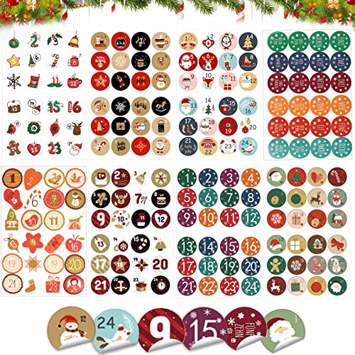 Adventskalender Zahlen, 8 x 24 Adventskalender Aufkleber Set, Adventskalender Zahlen Aufkleber, Adventskalender Sticker 1-24 für Kalender zum Selber Basteln für Weihnachten, Nummern Papiertüten von KOIROI