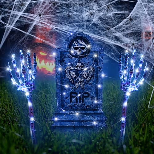 Halloween Deko Outdoor Skelett, Realistisches Gruselig Halloween Grabstein, Spinnennetz Dekoration, LED Schädel Hände und 4 Lichterketten, Halloween Deko für Draußen Garten Friedhof Horror Atmosphäre von KOIROI