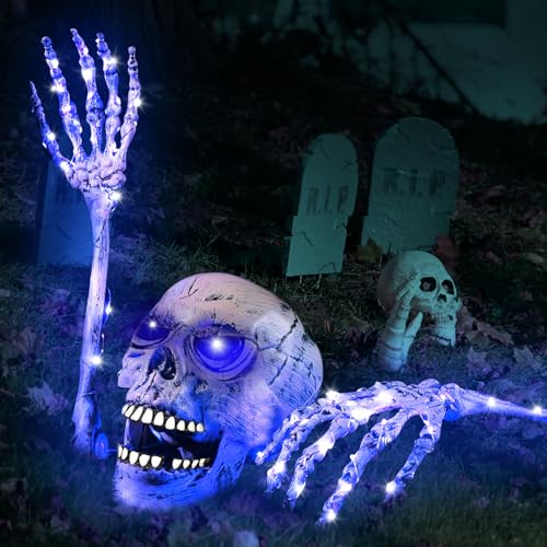 Halloween Leuchtende Skelett Totenkopf Set, 1 Totenkopf und 2 Schädel Hände, 4 Lichterketten, Halloween Deko Outdoor Skelett, Gruseligen Halloween Deko Garten für Halloween Party Spukhaus Rasen von KOIROI