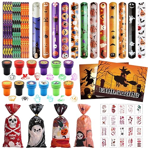 Halloween Mitgebsel Kinder, 80 Stück Halloween Party Mitgebsel, Halloween Party Spielzeug, Bleistifte/Geschenk Tüten/Slap Armbänder/Einladungskarten/Halloween Stempel/Temporäre Tattoos von KOIROI