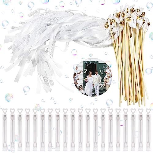 KOIROI 20 Stück Wedding Wands, Hochzeit Zauberstäbe mit Glocken, Weiß Zauberstäbe Hochzeit Luftschlangen mit Bänder, Hochzeit Glücksstäbe mit 20 Stück Mini Seifenblasen für Hochzeit Geburtstag Party von KOIROI