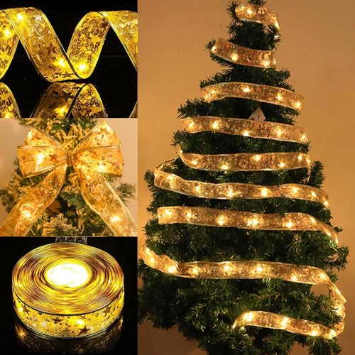 KOIROI Weihnachtsband Lichter, 5M 50 LED Weihnachtsband Lichterkette, Glänzende Bänder Lichterketten, Batteriebetriebene Weihnachtslichterkette, Weihnachtsbaum Deko Lichter, Weihnachtsbaum Band von KOIROI