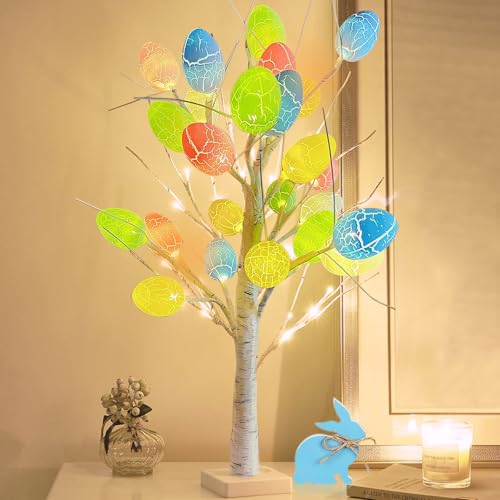 Osterdeko, Osterbaum mit 12 Bunten Ostereier, Ostern Tischdekoration, Osterdeko für Draußen, Warmweiß LED Lichterbaum, Osterzweige Osterdekoration Osterdeko Eier Lichterketten für Innen Deko Frühling von KOIROI