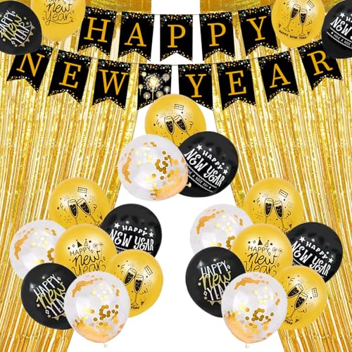 Silvester Deko 2024 XXL Dekoration Set, 26 Stücke Neujahr Silvesterdeko, Happy New Year Girlande, Folienballons, Lametta Vorhang, Neujahrsdeko, Silvesterpartydeko Accessoire für Silvesterparty von KOIROI