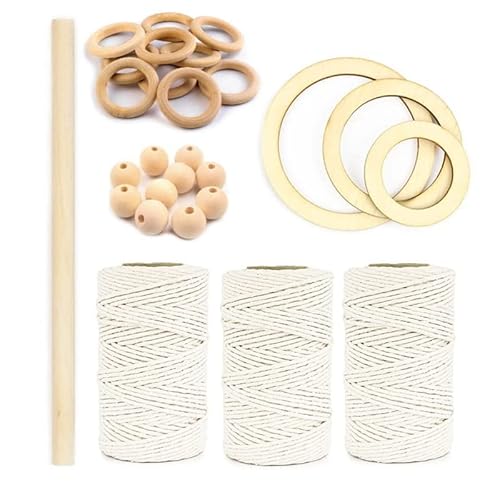 Komplettes Makramee-Set, Makramee Garn, Baumwollschnur, Perlen, Kreise, handgefertigt, zum Selbermachen DIY Makramee Set. Perfekt für den Anfang natürliches Holz 27 Elmente von KOKONKI