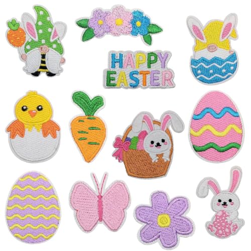 12 Stück Oster-Aufnäher zum Aufbügeln für Kleidung, Cartoon-Häschen, Zwergküken, Aufnähen, Applikationen, Happy Easter bestickt, Reparaturflicken für Hosen, Kleid, Rucksack, Hut, DIY-Dekorationen von KOLONAMS