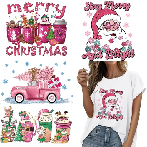 4 Bögen Weihnachts-Bügelbilder, rosa Weihnachtsmann, Wärmetransfer-Design, Aufkleber zum Aufbügeln auf Vinyl-Patches, Xmas HTV-Vinyl, zum Aufbügeln für Kleidung, T-Shirt, Hoodie, Kissen, Bastelbedarf von KOLONAMS