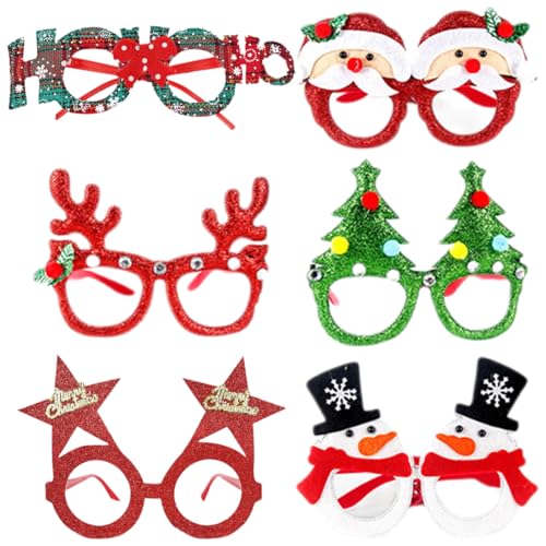 KOLZEMV 6 Stück Weihnachtsbrille Lustige Brille Glitzernde Party Gläser Rahmen Weihnachten Foto Requisiten Kreative Weihnachtsgläser Nette Partybrille für Weihnachtenskostüm deko Partydekoration von KOLZEMV