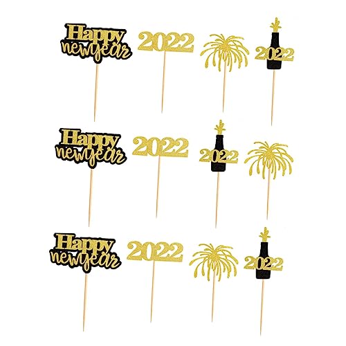 KOMBIUDA 12 Stk 2022 Einstecken merksam happy new year topper happynew year Neujahrskuchen-Topper Frühlingsfest-Kuchen-Picks essbarer Glitzer Torteneinlegedekore Topper aus Backpapier Holz von KOMBIUDA