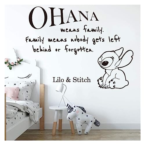 KOMEYA Wandaufkleber,Wandaufkleber, Cartoon-Ohana-Zitat „Lilo und Stitch“, Wandaufkleber for Kinderzimmer, großes Anime-Familien-Liebeszitat, Aufkleber for Spielzimmer, Vinyl-Dekoration, 85 x 65 cm von KOMEYA