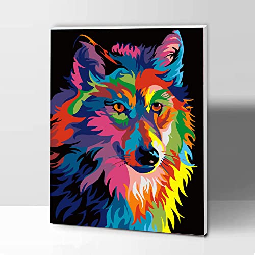 KOMKING DIY Acryl Malen nach Zahlen Kit f¨¹r Erwachsene Anf?nger, bunte Tiere auf Leinwand mit Rahmen, 40,6 x 50,8 cm ¨C bunter Wolf von KOMKING