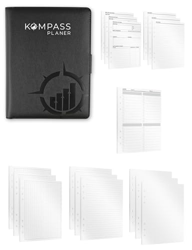 KOMPASS® Ringbuch A5 Nachfüllbar | Notiz-Set inkl. 420 Einlagen | Notizbuch Nachfüllbar Bullet Journal Ringordner A5 Binder inkl. Notizen, To-Do-Liste, Linierte, Karierte & Gepunktete DIN-A5 Papier von KOMPASS