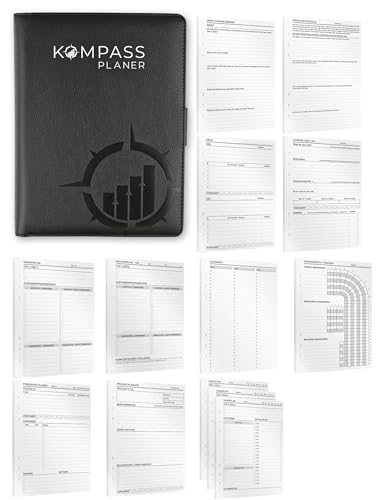 KOMPASS® Ringbuch A5 Nachfüllbar | Ringordner A5 Binder Planungs-Set inkl. 309 Einlagen | Erfolgsjournal Journaling To-Do-Planer, Wochenplaner, Terminplaner, Kalender, Bullet Journal, Habit Tracker von KOMPASS