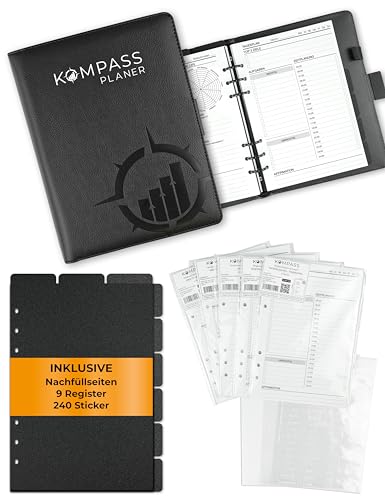 KOMPASS® Ringbuch A5 Nachfüllbar | Starter-Set inkl. 394 Einlagen | Erfolgsjournal Ringordner A5 Binder | Journaling To-Do-Planer, Wochenplaner, Terminplaner, Kalender, Bullet Journal, Habit Tracker von KOMPASS