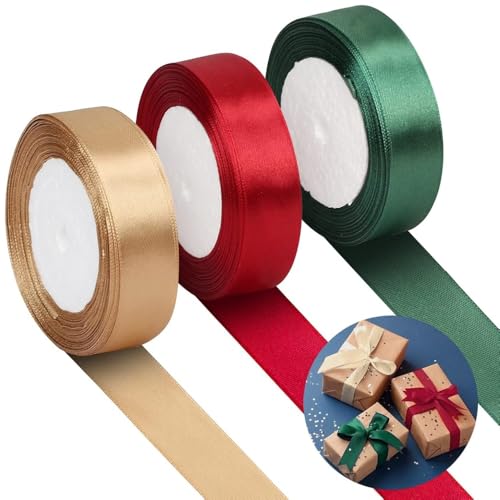 66m Geschenkband Weihnachten, 25mm Schleifenband Weihnachten Breit Geschenkband Rot&Gold&Dunkelgrün für Geschenkverpackung Weihnachten Basteln， 22m/Rolle von KOMUNJ