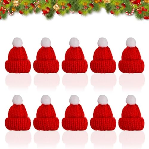 KOMUNJ 10 Pcs Mini Weihnachtsmütze, Mini Strickmützen Puppe Hut, Kleine Nikolausmützen Lutscher Mütze, Christbaumschmuck DIY Handwerk Rot von KOMUNJ