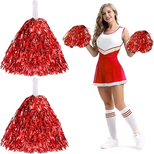 KOMUNJ 2 Cheerleader Pom-Poms, Folie Cheerleader Pom-Poms mit Griff für Ballspiele Tanz Party (rot) von KOMUNJ