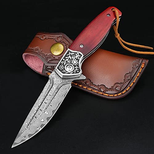KOMWERO Damast Taschenmesser Klappmesser mit Damaststahl Klinge, Holzgriff, Flipper, Messerscheide Leder - Scharf Einhandmesser EDC Messer für Outdoor Survival Camping Jagd KOMWERO Damast Taschenmesser Klappmesser mit Damaststahl Klinge, Holzgriff, Flipper, Messerscheide Leder - Scharf Einhandmesser EDC Messer für Outdoor Survival Camping Jagd von KOMWERO