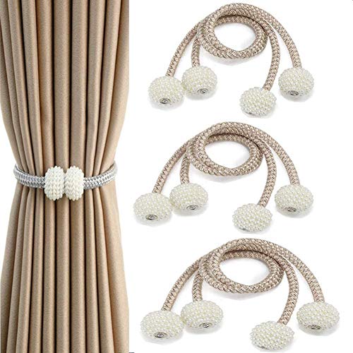 KONAMO AJQ3 Kunststoff Perle Kugel Fenster-Holdbacks Vorhang Clips Seil mit Magneten, Beige, 6 Stück von KONAMO