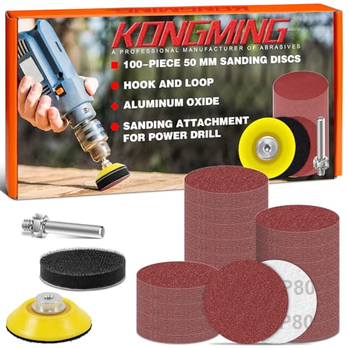 KONGMING Schleifpapier 50mm klett 100 Stück Körnung 80 Schleifscheiben 50mm klett Schleifaufsatz für Akkuschrauber von KONGMING