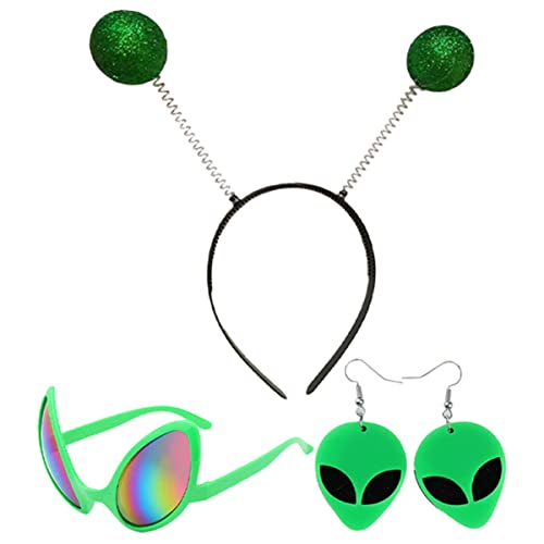 KONTONTY Alien Party Set 4 Teiliges Kostümzubehör Mit Kopfbedeckung Ohrringen Und Brille Für Halloween Karneval Und Mottopartys Spaß Accessoires Für Erwachsene von KONTONTY