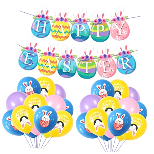 KONTONTY 1 Set Osterdeko Luftballons Mit Hasen Und Bunten Ostereiern Happy Easter Banner Pink 20 Latexballons 6 6 4 Pink 4 + Dekoband von KONTONTY