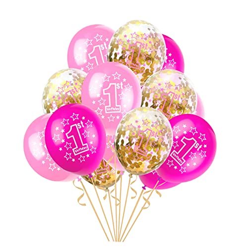 KONTONTY 15 Stück 12 Zoll Latexballons Rosa Und Gold Bedruckte Aufblasbare Ballons Für Babyparty Und Geburtstagsfeier Inkl Rolle Zufälliges Farbband Dekoration Für 1 Jahr Alt von KONTONTY