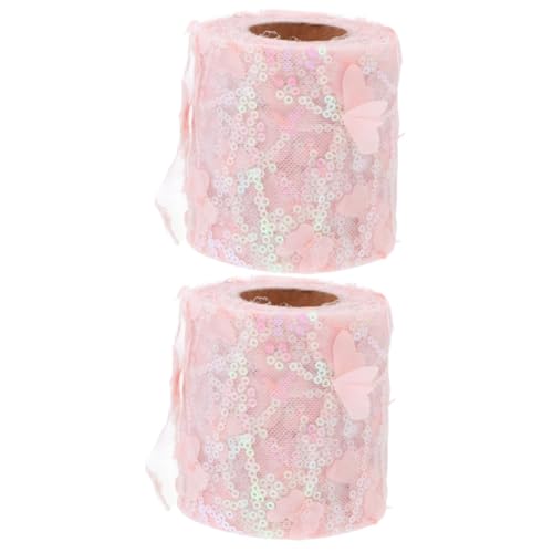 KONTONTY 2 Rollen Tüllband gutl guci unimate nähzubehör Kleiderdekoration Blumendekor elastische Paillettenbänder Tiara kopfschmuck zubehör selber machen gestickte Nähte Polyester Rosa von KONTONTY