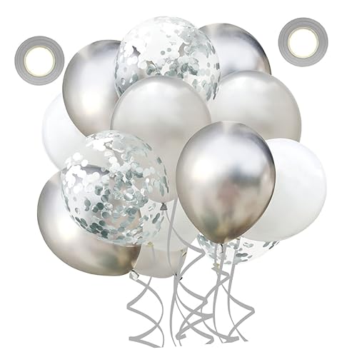 KONTONTY 22 Teiliges Set Luftballons 5 Glänzende Silberne 5 Silberne 5 Weiße Und 5 Silberne Konfetti Ballons Mit Silbernem Band Perfekt Für von KONTONTY