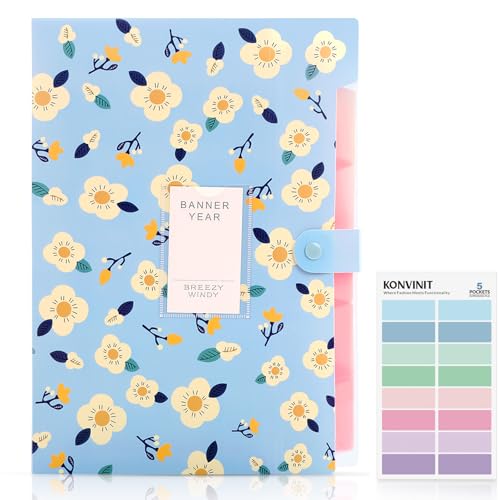 KONVINIT Dokumentenmappe Fächermappe A4 Mappe mit 5 Fächern PP Floral Bedruckt Akkordeon Dokument Ordner Folder Document Organizer,Ordnungsmappe mit Druckknopf,Blau von KONVINIT