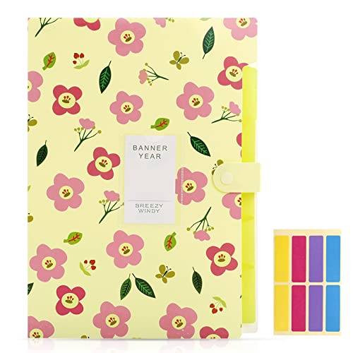 KONVINIT Dokumentenmappe Fächermappe A4 Mappe mit 5 Fächern Plastik Floral Bedruckt Akkordeon Dokument Ordner Folder Document Organizer,Ordnungsmappe mit Druckknopf Schulsachen aesthetic,gelb von KONVINIT