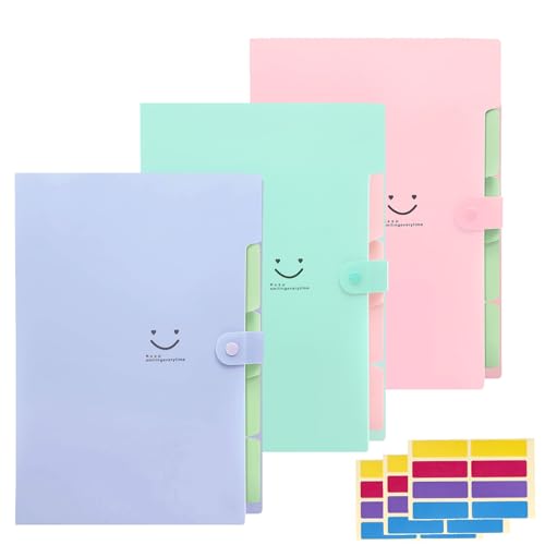 KONVINIT 3 Pack Fächermappe Dokumentenmappe Din A4 mit 5 Tasche Ordnungsmappe mit 4 Fächern Sammelmappe organisiert für Papier Organizer Büro Schul,pink and green von KONVINIT