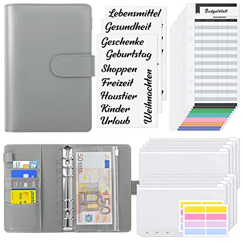 KONVINIT Budget Binder,A6 Ringbuch Budget Planner,Budget Organizer,Geld Sparen Mappe mit Geldumschläge für Budgetierung,Budgetbogen,Etiketten,Geschenke für Frauen,grau von KONVINIT