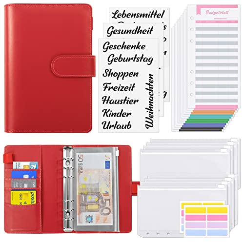 KONVINIT Budget Binder,A6 Ringbuch Budget Planner,Budget Organizer,Geld Sparen Mappe mit 12 Geldumschläge für Budgetierung,12 Budgetbogen,Etiketten,Geschenke für Frauen,red von KONVINIT