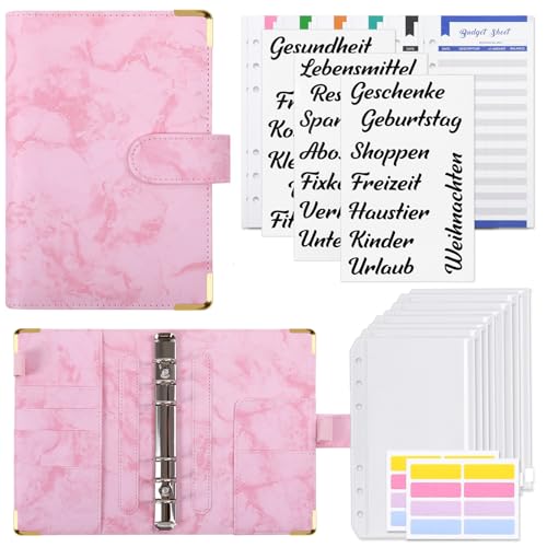 KONVINIT Budget Planner A6 Budget Binder mit Geldumschläge Umschlagmethode,12 Budgetblätter für Budgetierung,6 Löcher Leder Ringbuch Geld Organizer,Budget Organizer,marble rosa von KONVINIT