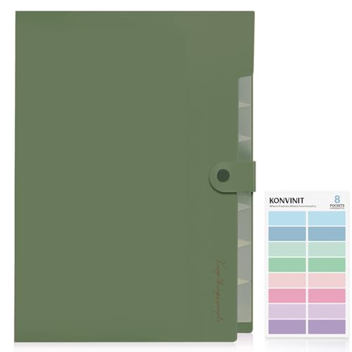 KONVINIT Dokumentenmappe - a4 Fächermappe Mappen Ordnersystem Große Kapazität Document Organizer mit 8 Tasche Sammelmappe mit Fächern mit Farbetiketten,Aesthetic Schulsachen,grün von KONVINIT