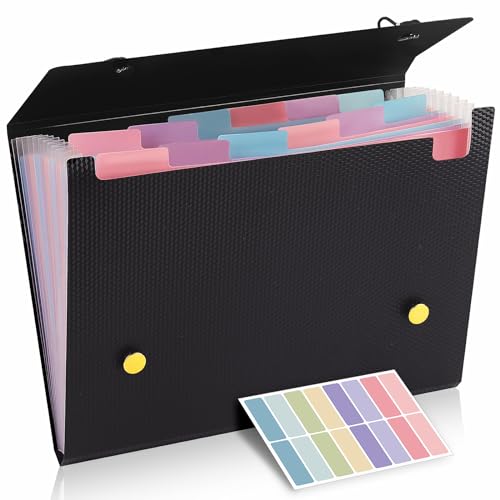 KONVINIT Fächermappe,Dokumentenmappe A4 mit 13 Taschen Ordner Organizer mit Deckel Document Organizer Ordnungsmappe Mappen Ordnersystem für Zuhause Schul Büro,schwarz von KONVINIT