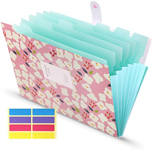 KONVINIT Fächermappe A4, Dokumentenmappe 8 Tasche,PP Floral Bedruckt Akkordeon Dokument Ordner mit Druckknopf Document Organizer Folder für Papier,Rosa von KONVINIT