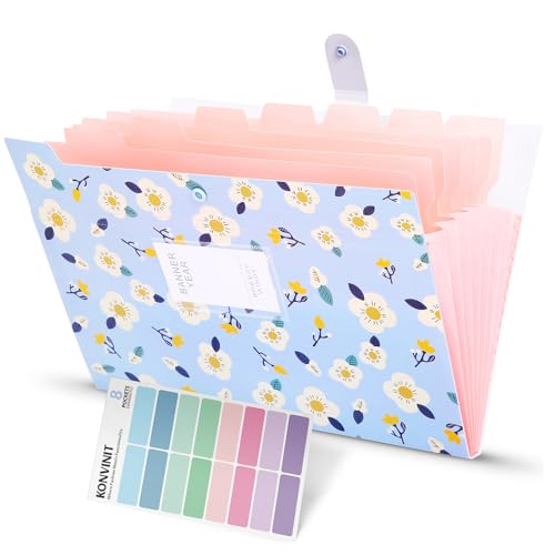 KONVINIT Fächermappe A4, Dokumentenmappe 8 Tasche,PP Floral Bedruckt Akkordeon Dokument Ordner mit Druckknopf,Mappen Ordnersystem Document Organizer,blau von KONVINIT