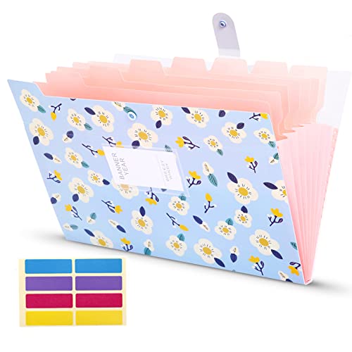 KONVINIT Fächermappe A4, Dokumentenmappe 8 Tasche,PP Floral Bedruckt Akkordeon Dokument Ordner mit Druckknopf,Mappen Ordnersystem Document Organizer,blau von KONVINIT