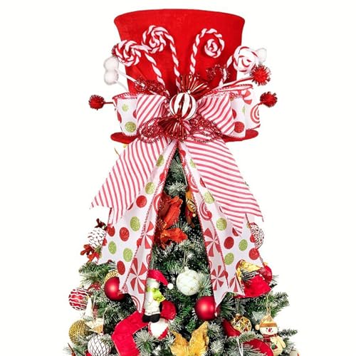 Foldable Christmas Tree Topper Hat with Candy Canes Lollipop Bow Ribbon Decoration for Holiday Tree von KOOMAL