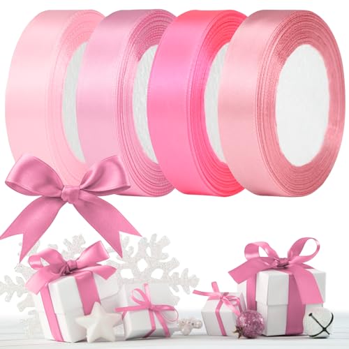 Geschenkband Satinband,20mm Schleifenband,Geschenkband Dekobänder, Hochzeitsbänder, Haarschmuck, Bänder, Geschenkbänder für Valentinstag, Weihnachten, Geburtstage, Hochzeiten, Taufen (4 Rollen Rosa) von KOOOGEAR