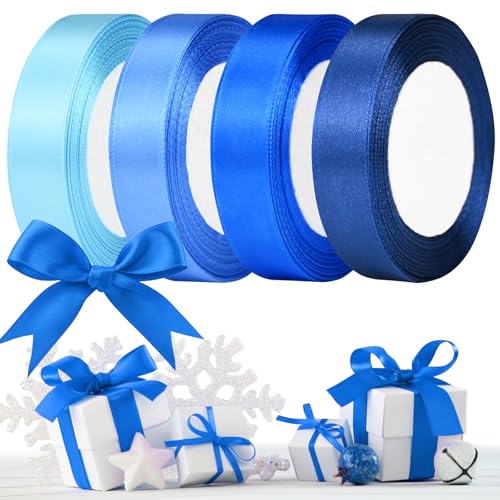 Geschenkband Satinband,20mm Schleifenband,Geschenkband Dekobänder, Hochzeitsbänder, Haarschmuck, Bänder, Geschenkbänder für Valentinstag, Weihnachten, Geburtstage, Hochzeiten, Taufen (4 Rollen Blau) von KOOOGEAR