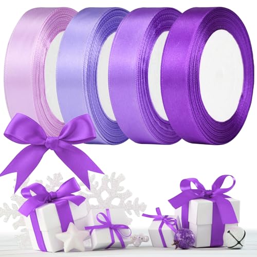 Geschenkband Satinband,20mm Schleifenband,Geschenkband Dekobänder, Hochzeitsbänder, Haarschmuck, Bänder, Geschenkbänder für Valentinstag, Weihnachten, Geburtstage, Hochzeiten, Taufen (4 Rollen Lila) von KOOOGEAR