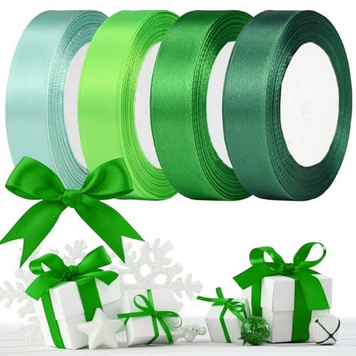 Geschenkband Satinband,20mm Schleifenband,Geschenkband Dekobänder, Hochzeitsbänder, Haarschmuck, Bänder, Geschenkbänder für Valentinstag, Weihnachten, Geburtstage, Hochzeiten, Taufen (4 Rollen Grün) von KOOOGEAR