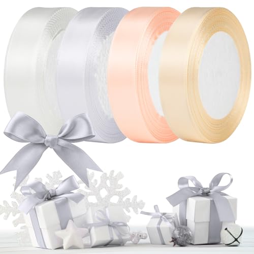 Geschenkband Satinband,20mm Schleifenband,Geschenkband Dekobänder, Hochzeitsbänder, Haarschmuck, Bänder, Geschenkbänder für Valentinstag, Weihnachten, Geburtstage, Hochzeiten, Taufen (4 Rollen Weiß) von KOOOGEAR